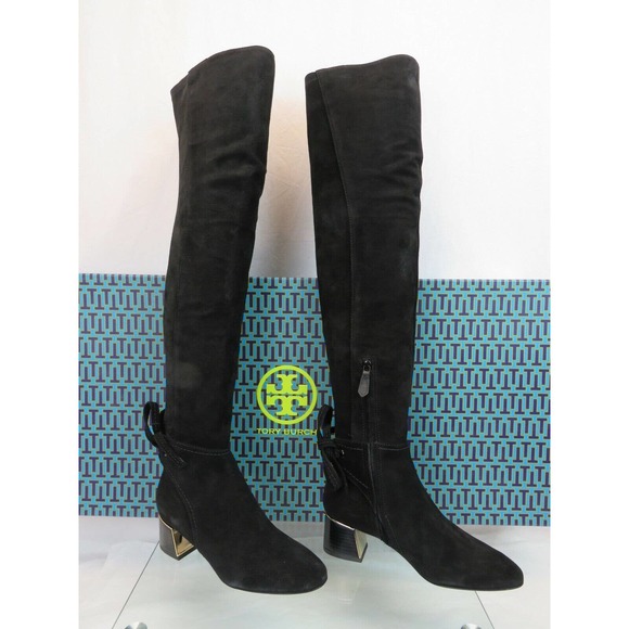 TORY BURCH GIGI BLACK STRETCH SUEDE MIRROR HEEL REVA OVER THE KNEE